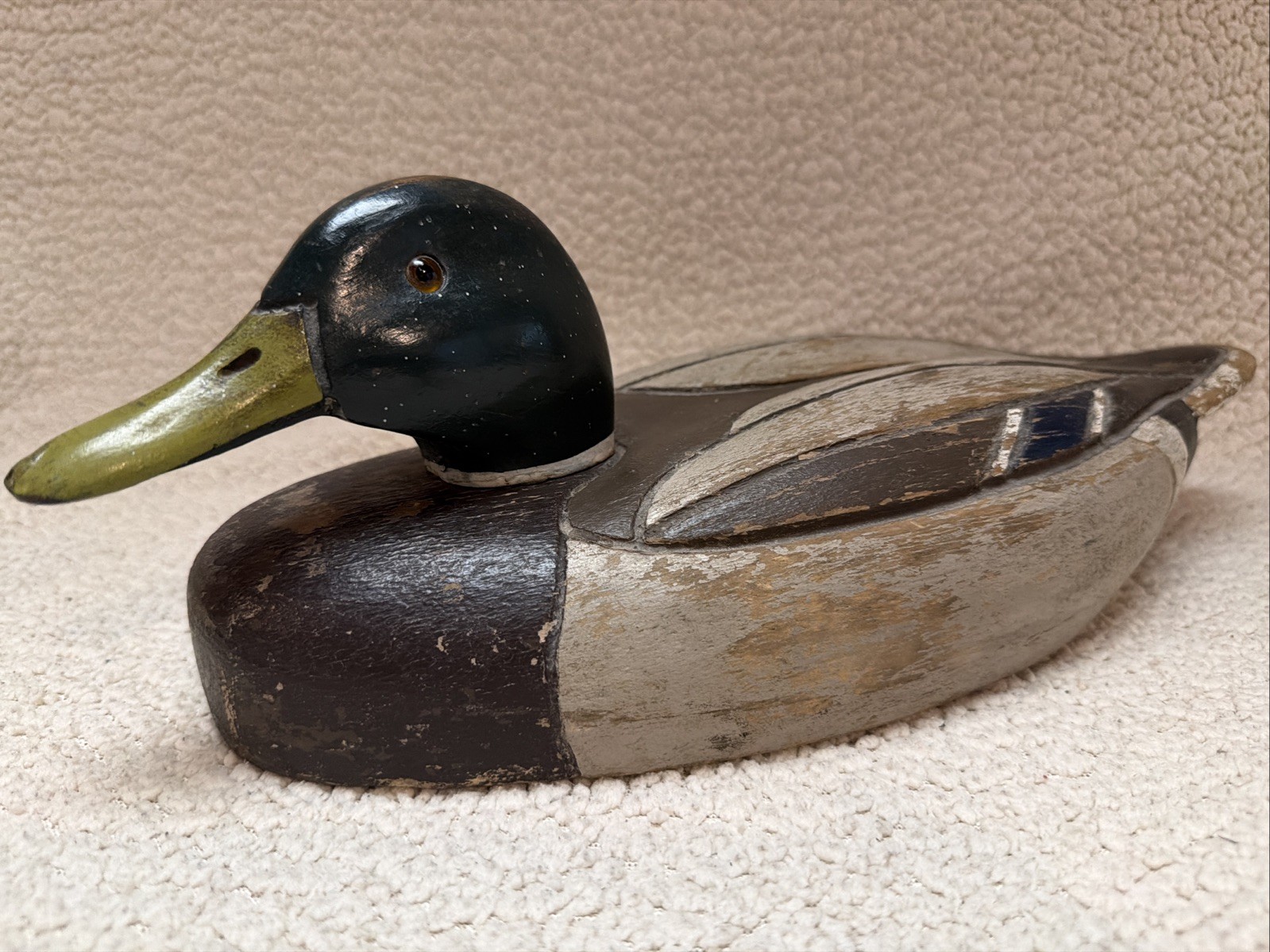 Vintage Hand Carved Mallard Drake Duck Decoy Swivel Head Glass Eyes 14.75”