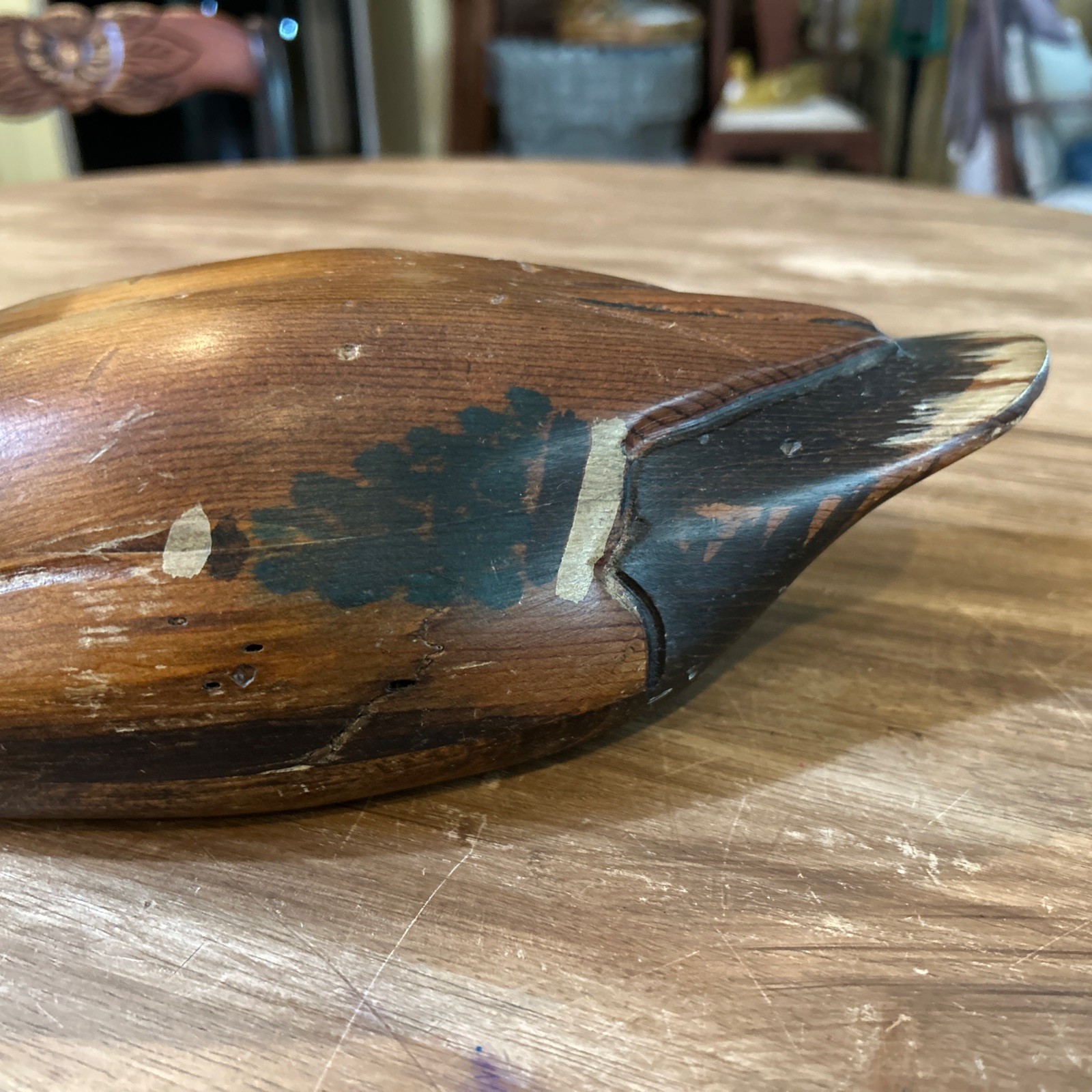 VINTAGE TOM TABER CARVED WOODEN DUCK DECOY – 15.5” LONG MALLARD DRAKE
