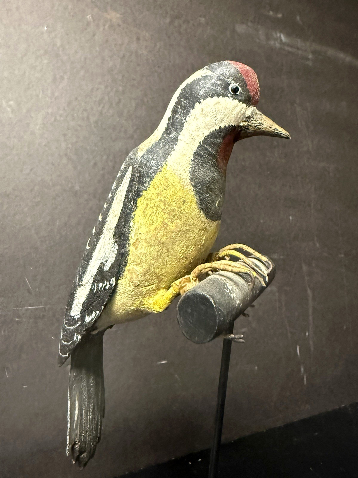 Yellow-bellied Sapsucker Carved Decoy on Display Perch/Stand, Antique, Unsigned