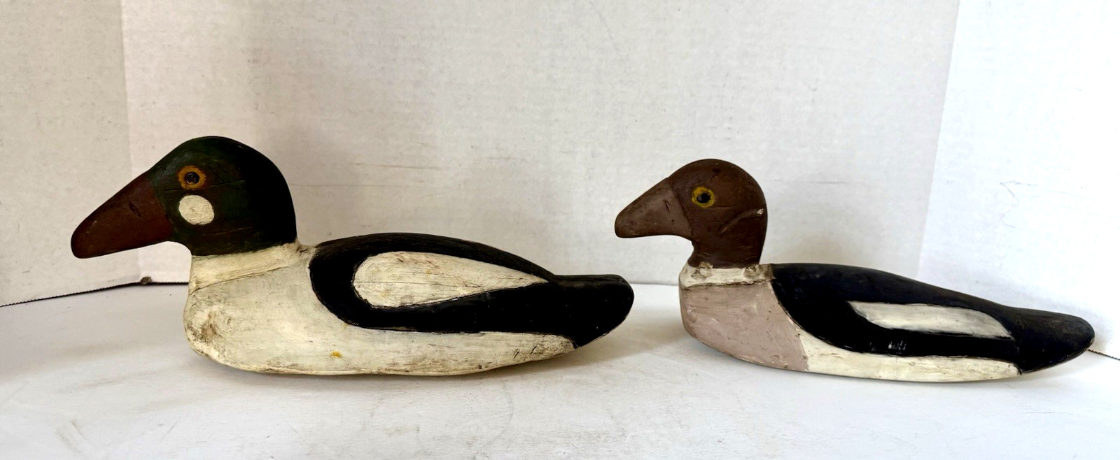 Vintage Primitive Style Goldeneye Duck Decoy Pair, Tack Eyes, Inletted Head