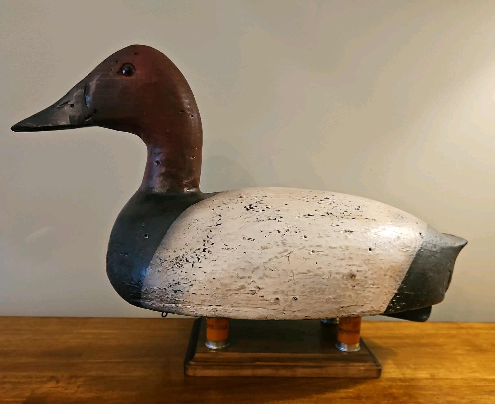 LARGE VINTAGE CANVASBACK DUCK DECOY, Solid Wood, Glass Eyes, stand not included