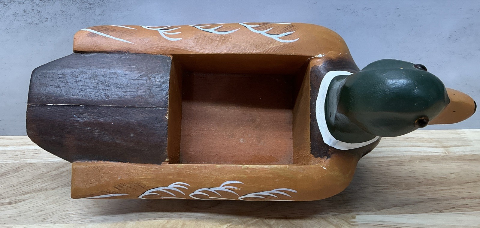 Vintage Hand Made Painted Wood Duck Mallard Glass Eyes Decoy Trinket Box, 11.75”