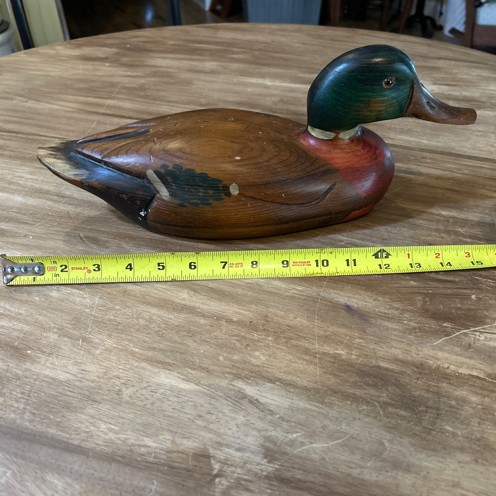 VINTAGE TOM TABER CARVED WOODEN DUCK DECOY – 15.5” LONG MALLARD DRAKE