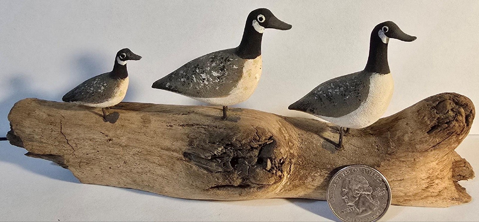 Hand Carved Miniature Canada Goose Decoys on Driftwood Folk Art Wildlife Carving