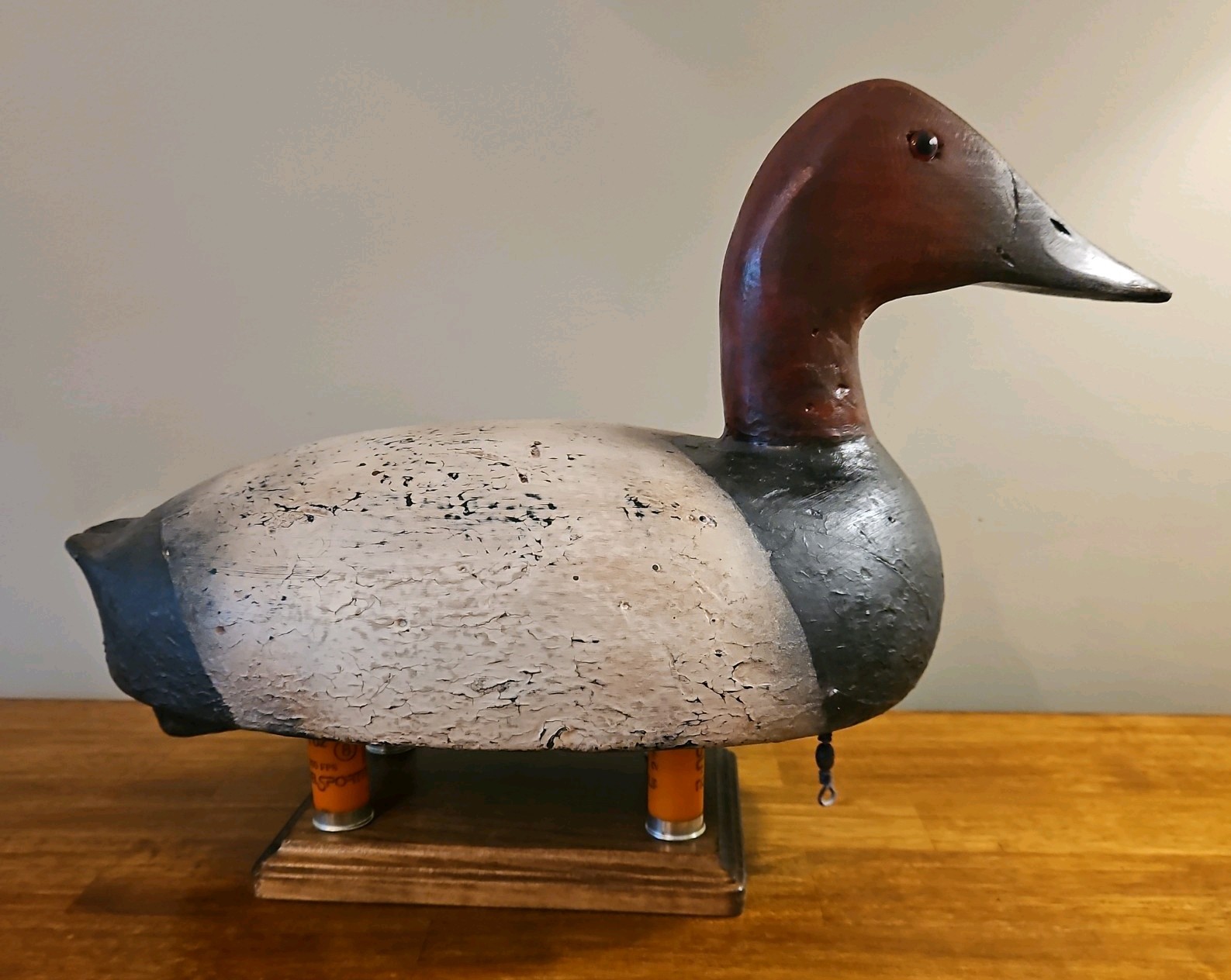 LARGE VINTAGE CANVASBACK DUCK DECOY, Solid Wood, Glass Eyes, stand not included