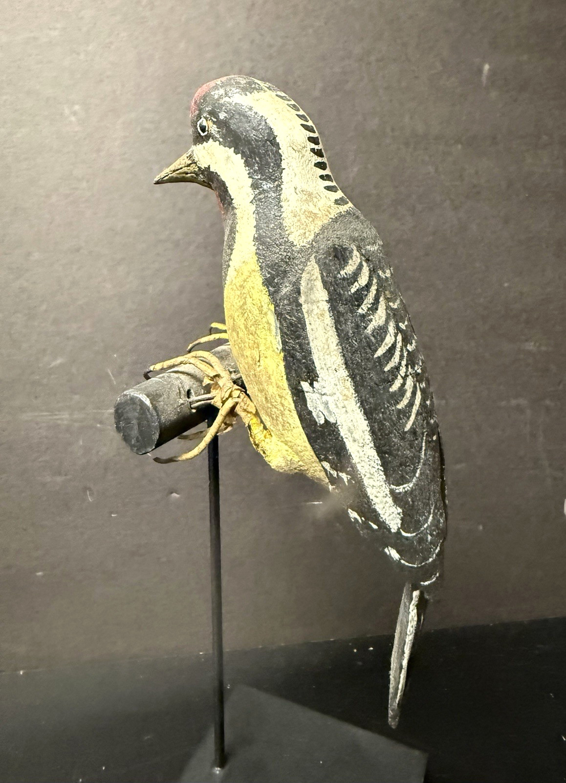 Yellow-bellied Sapsucker Carved Decoy on Display Perch/Stand, Antique, Unsigned