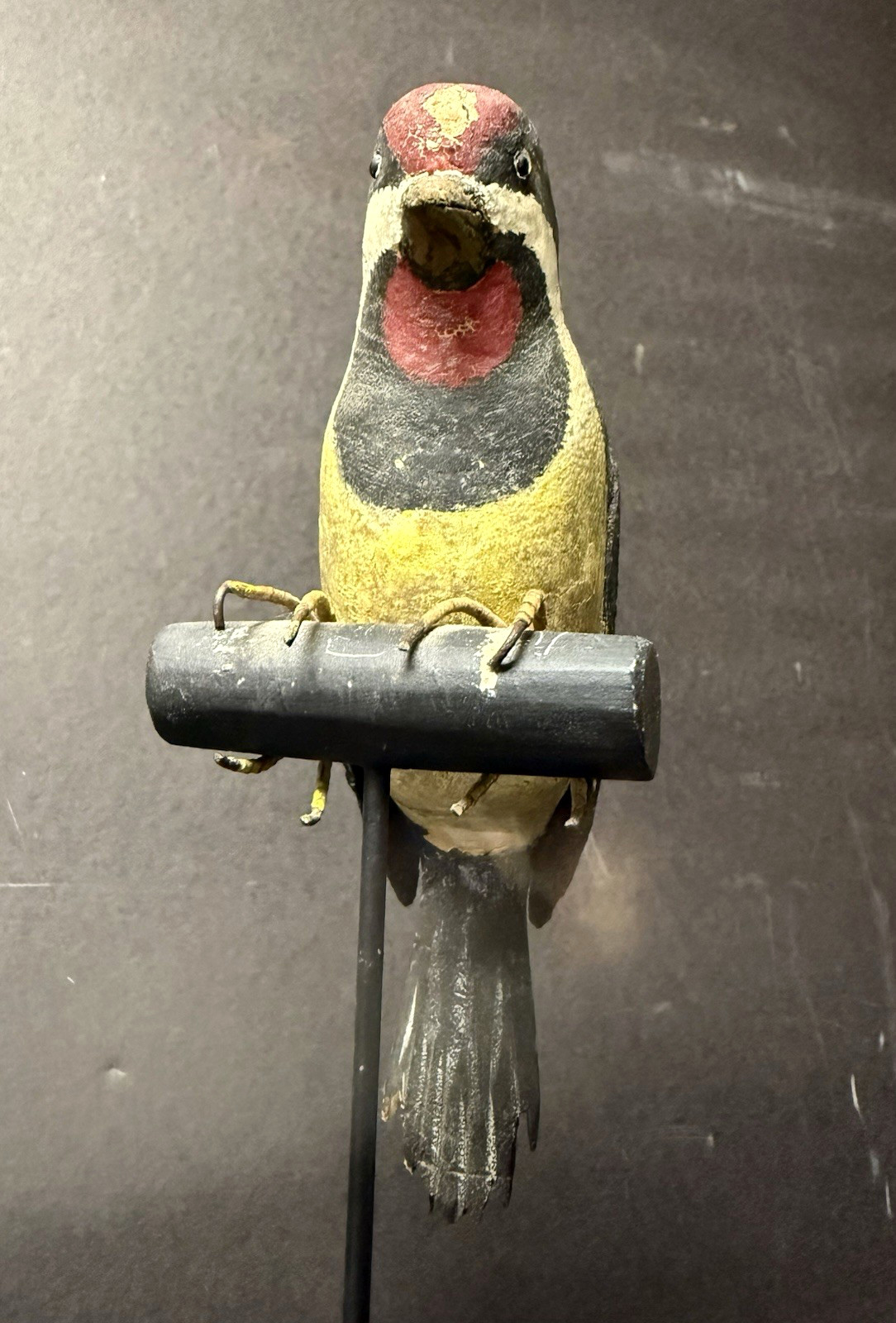 Yellow-bellied Sapsucker Carved Decoy on Display Perch/Stand, Antique, Unsigned