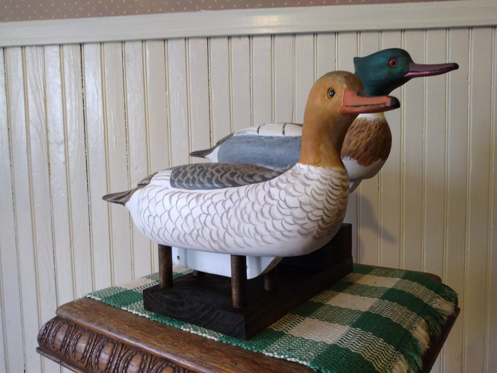 Handmade Rough Cut Wooden Duck Decoy Stand. Double Stand Holds Two Decoys