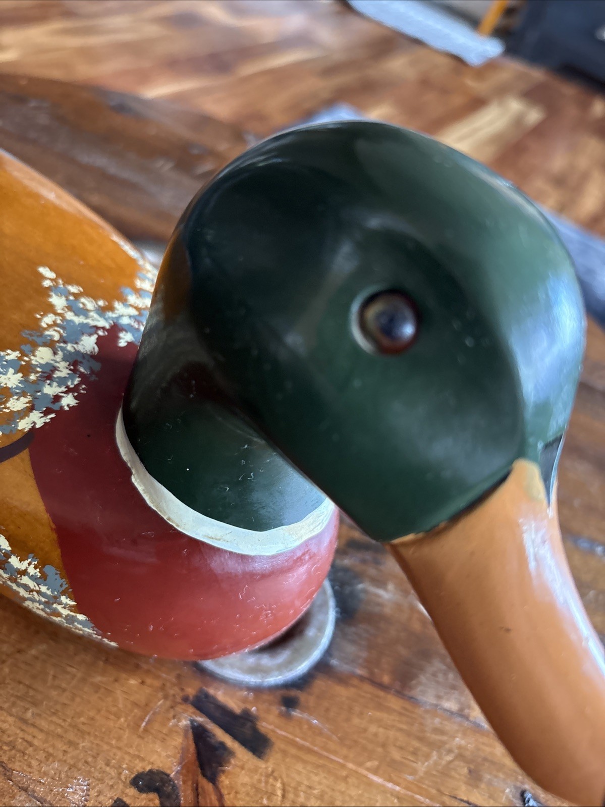 Vintage Hand Painted Carved Wood Mallard Duck Glass Eyes Made in Taiwan 14”