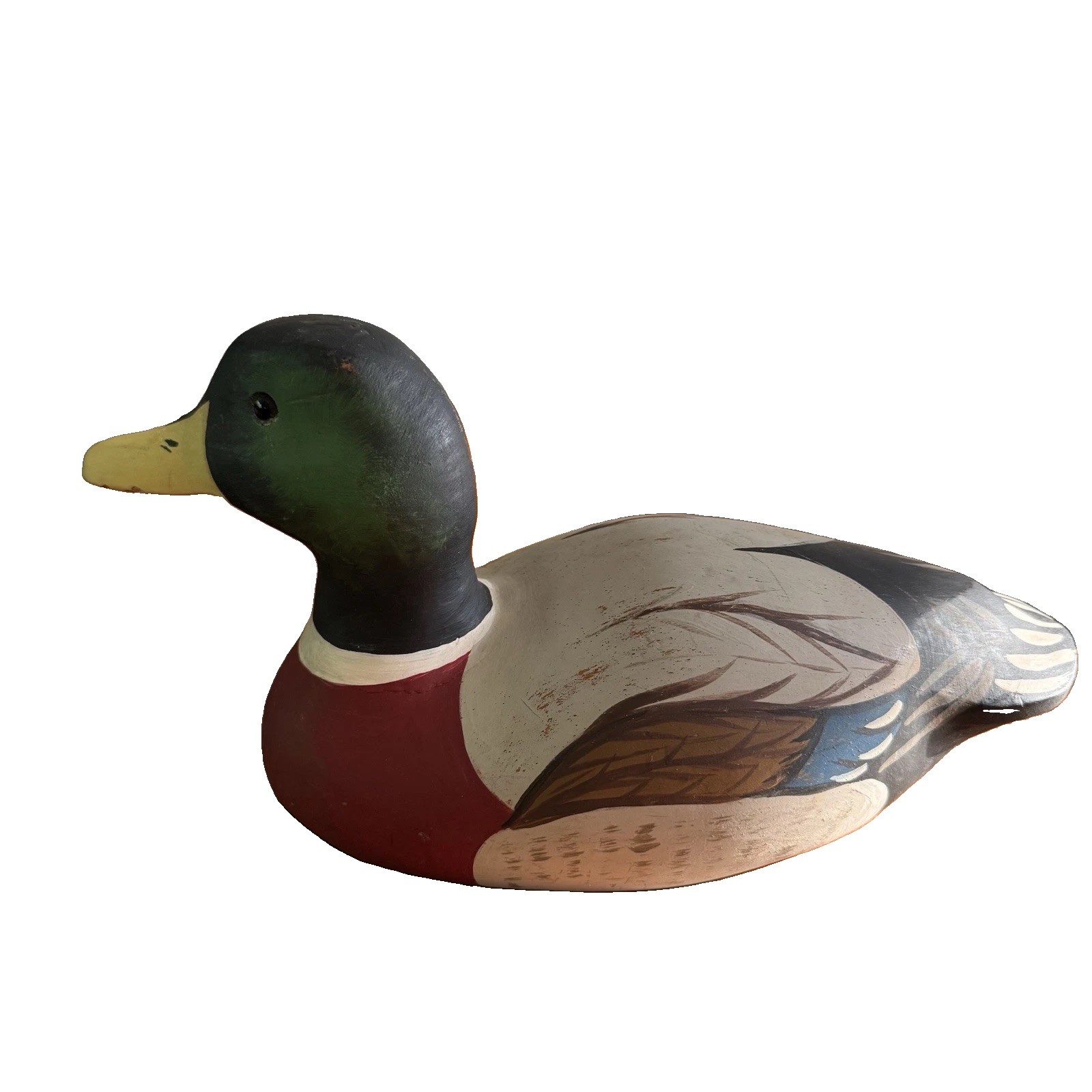 Vintage 1980 Mallard Duck Decoy Solid Wood Hand Painted 15” Signed Glass Eyes