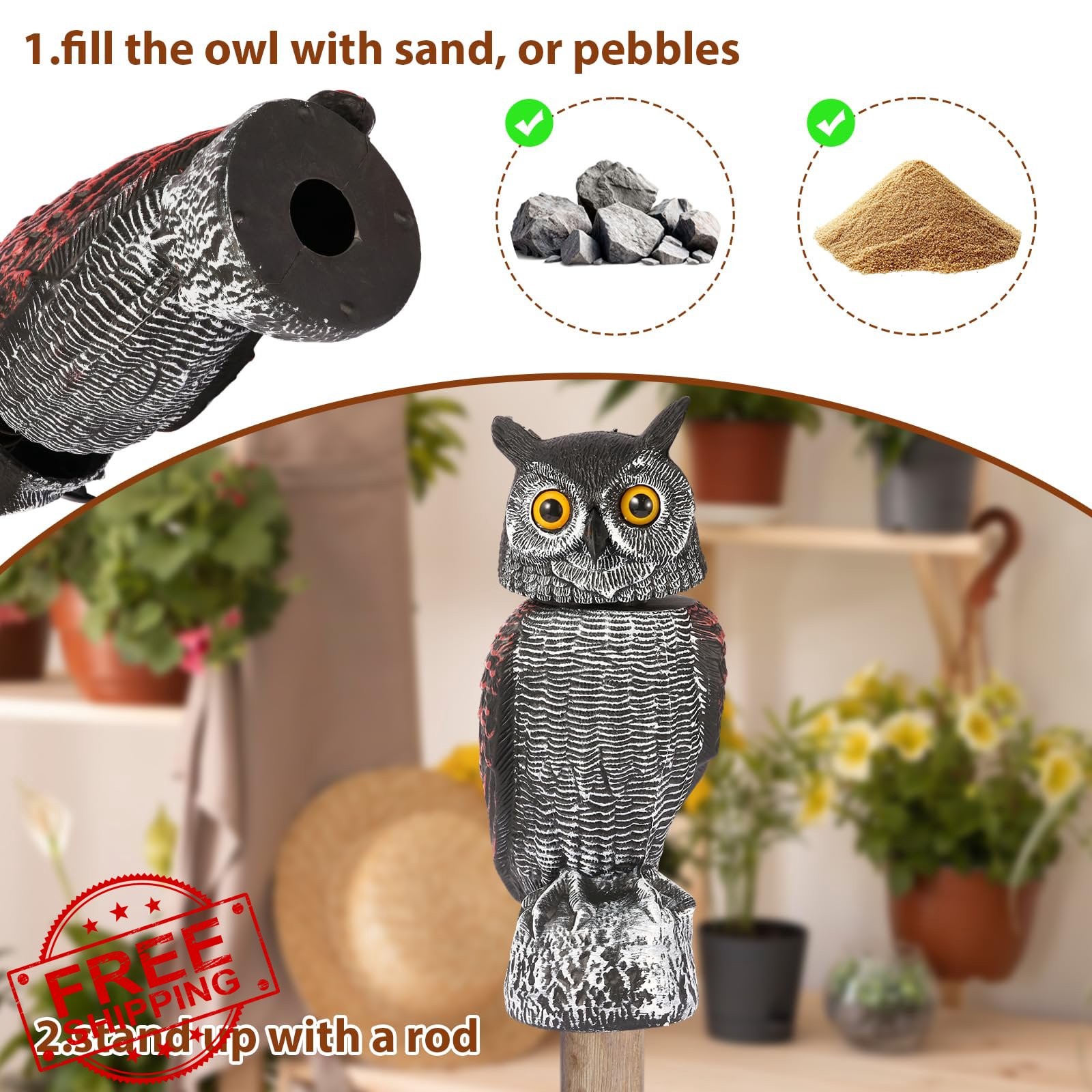WonderField Rotating Head Owl Decoy Scare Birds Away 15.8″