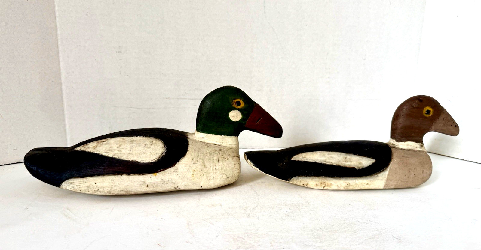 Vintage Primitive Style Goldeneye Duck Decoy Pair, Tack Eyes, Inletted Head