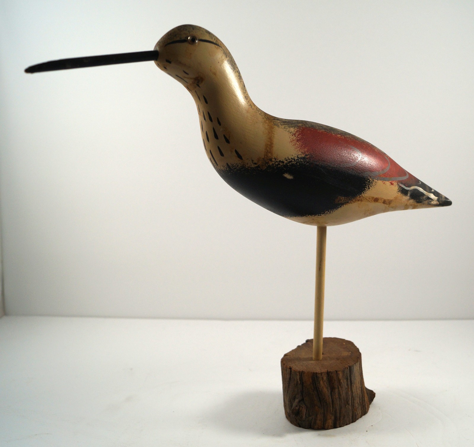 ANTIQUE LONG-BILLED DOWITCHER SHOREBIRD DECOY WOODEN BIRD CARVING BY JIM CLARK