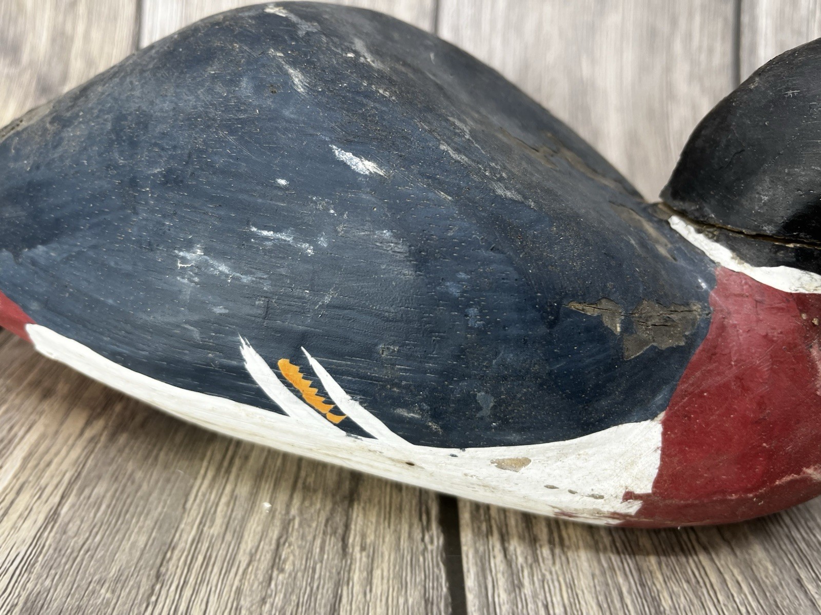 Folk Art Hand Painted Wood Duck Decoy VTG has age and chipped Paint