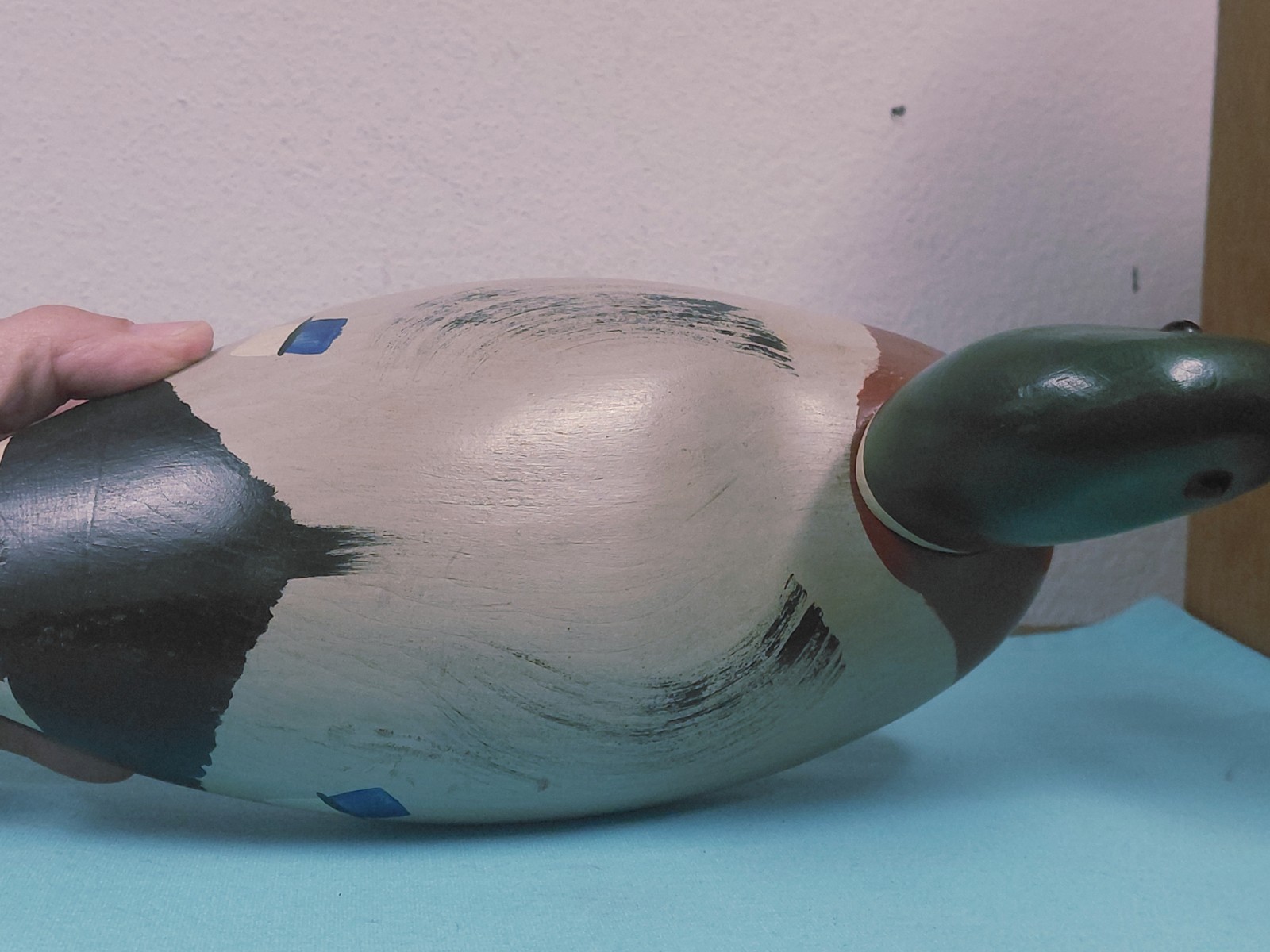 Vtg 1980 Ron Fisher Mallard Duck Decoy Signed Glass Eyes 14″ L 6″ T 5″ W VGUC