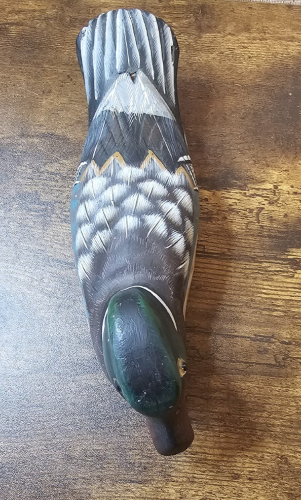Wooden Duck Decoy 10″ Home Decor China Painted Carved Wood Glass Eyes