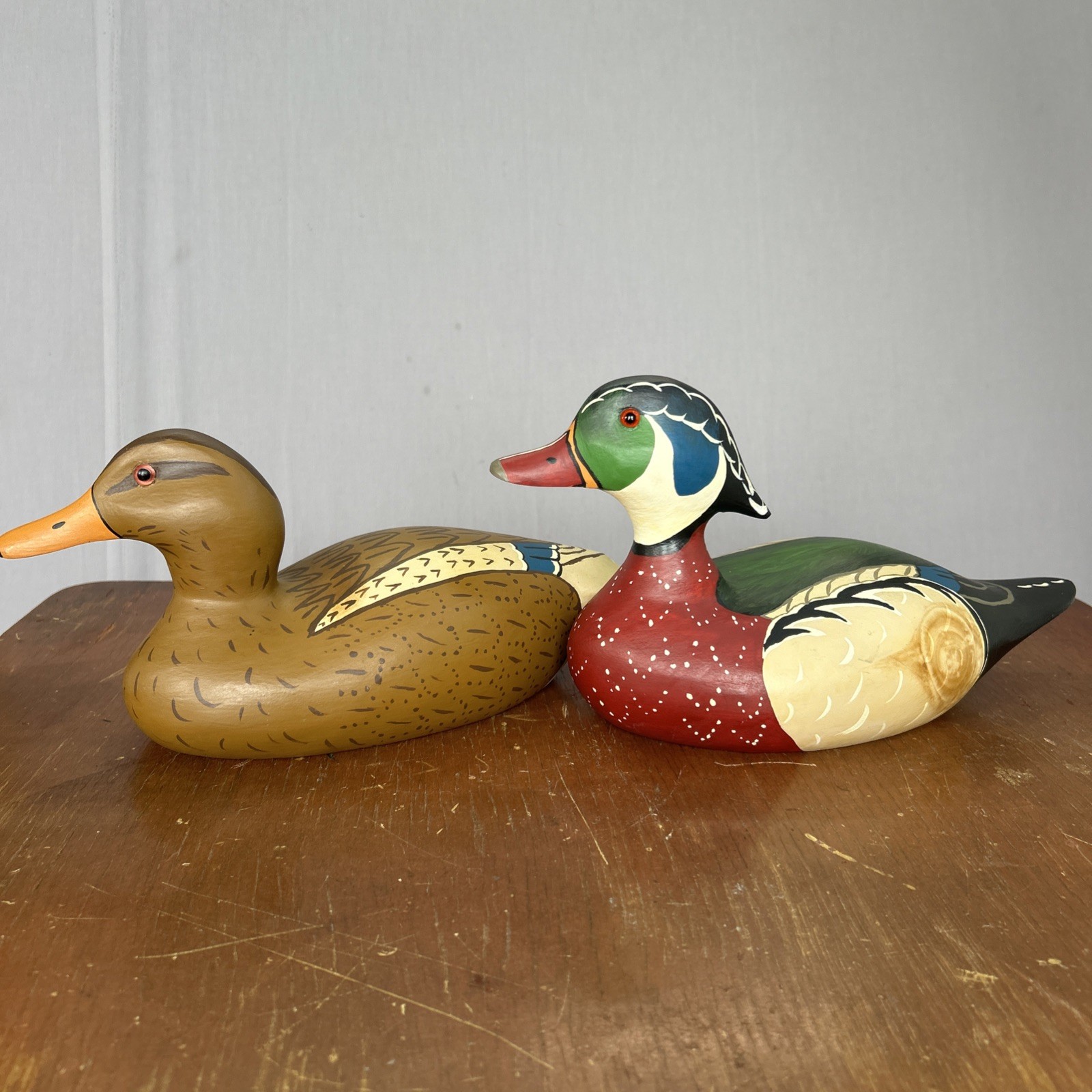 Vintage Hand Carved Wood Duck Decoy Pair Drake Hen Hand Painted Folk Art