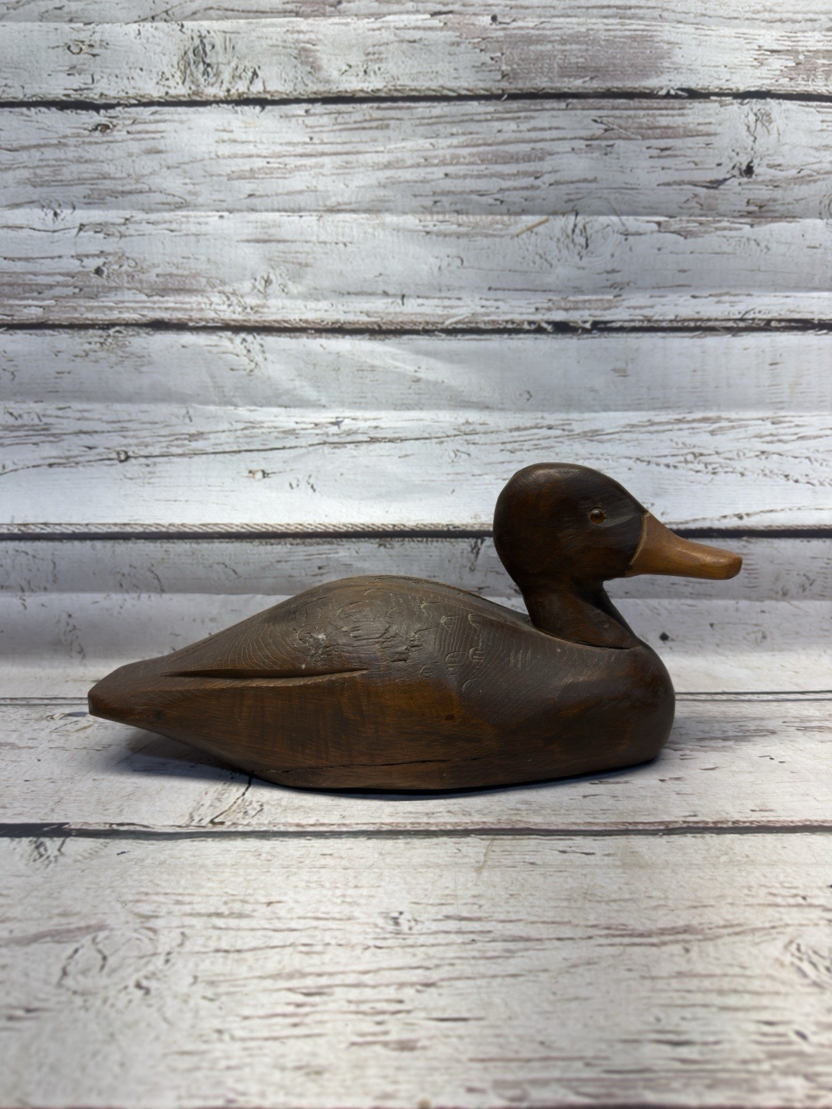 VTG Hand Carved Wood Wooden Duck Decoy Glass Eyes Made In Canada Unsigned