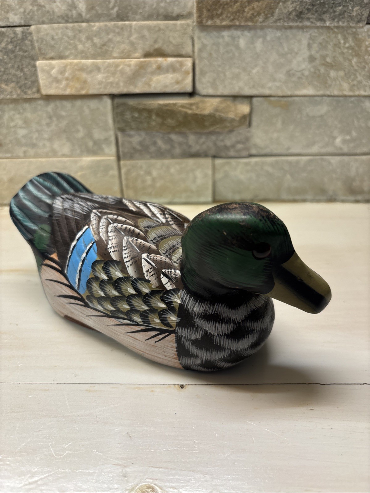 Vintage 6 Inch Handcarved, Handpainted Duck Decoy. Stone
