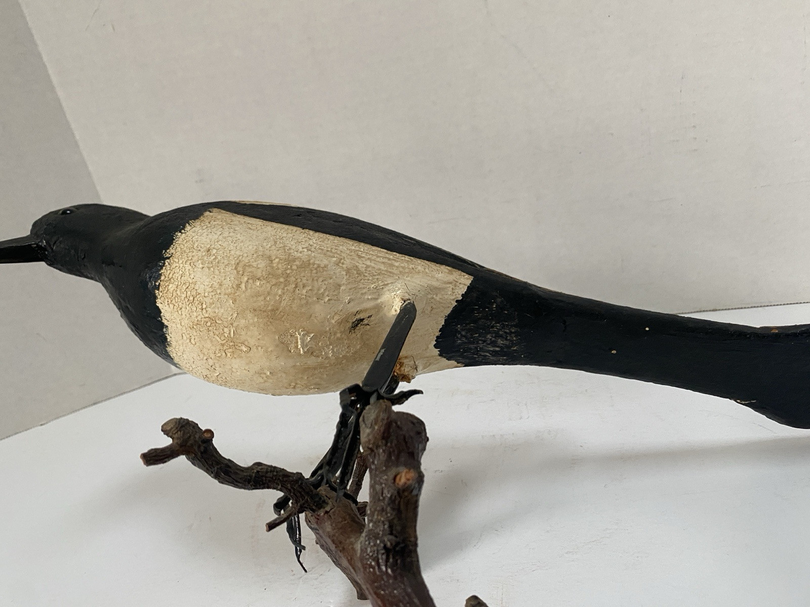 Vintage Magpie Bird Decorative Decoy, Glass Eyes, Wire Legs, Hand Painted