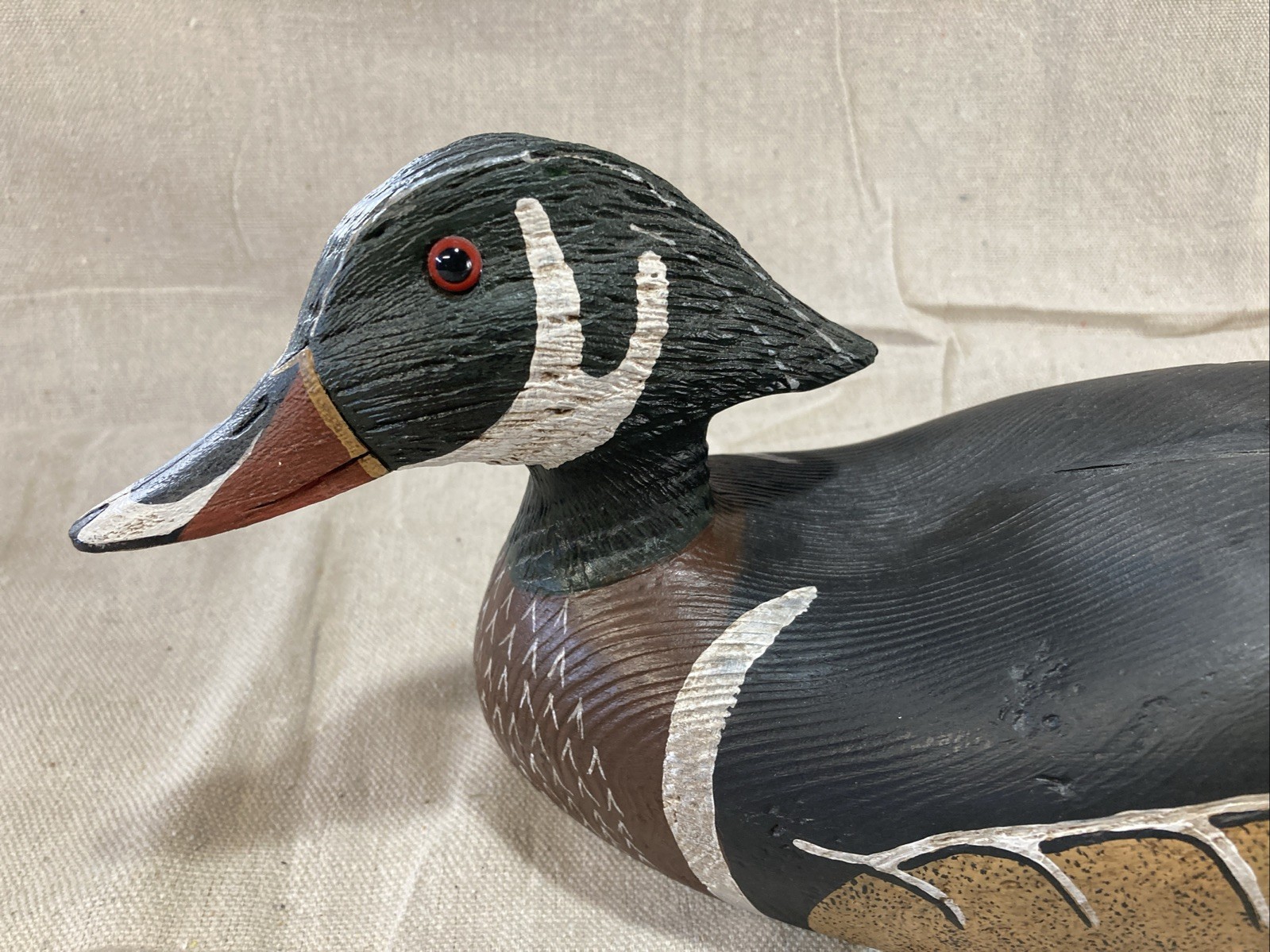 Vintage Handmade Wooden Duck Decoy Drake 15” Long Signed,Glass Eyes Stunning