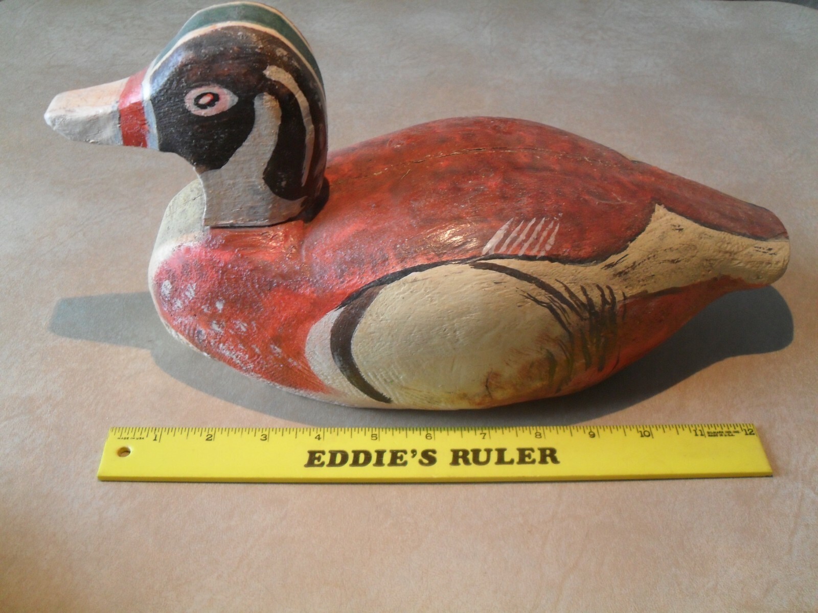 Primitive folk art hand made painted carved wood duck decoy