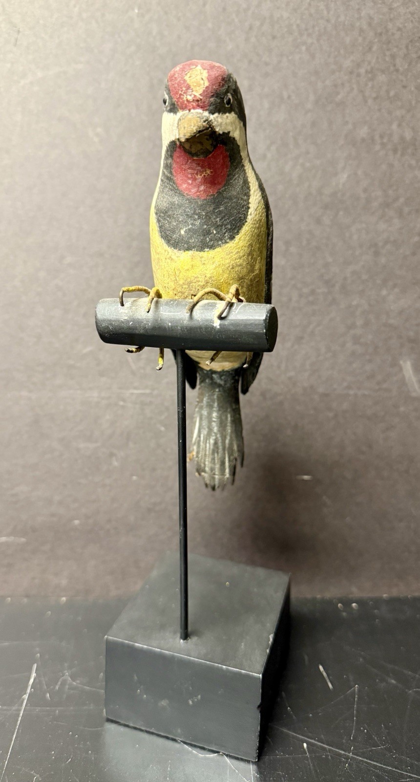Yellow-bellied Sapsucker Carved Decoy on Display Perch/Stand, Antique, Unsigned