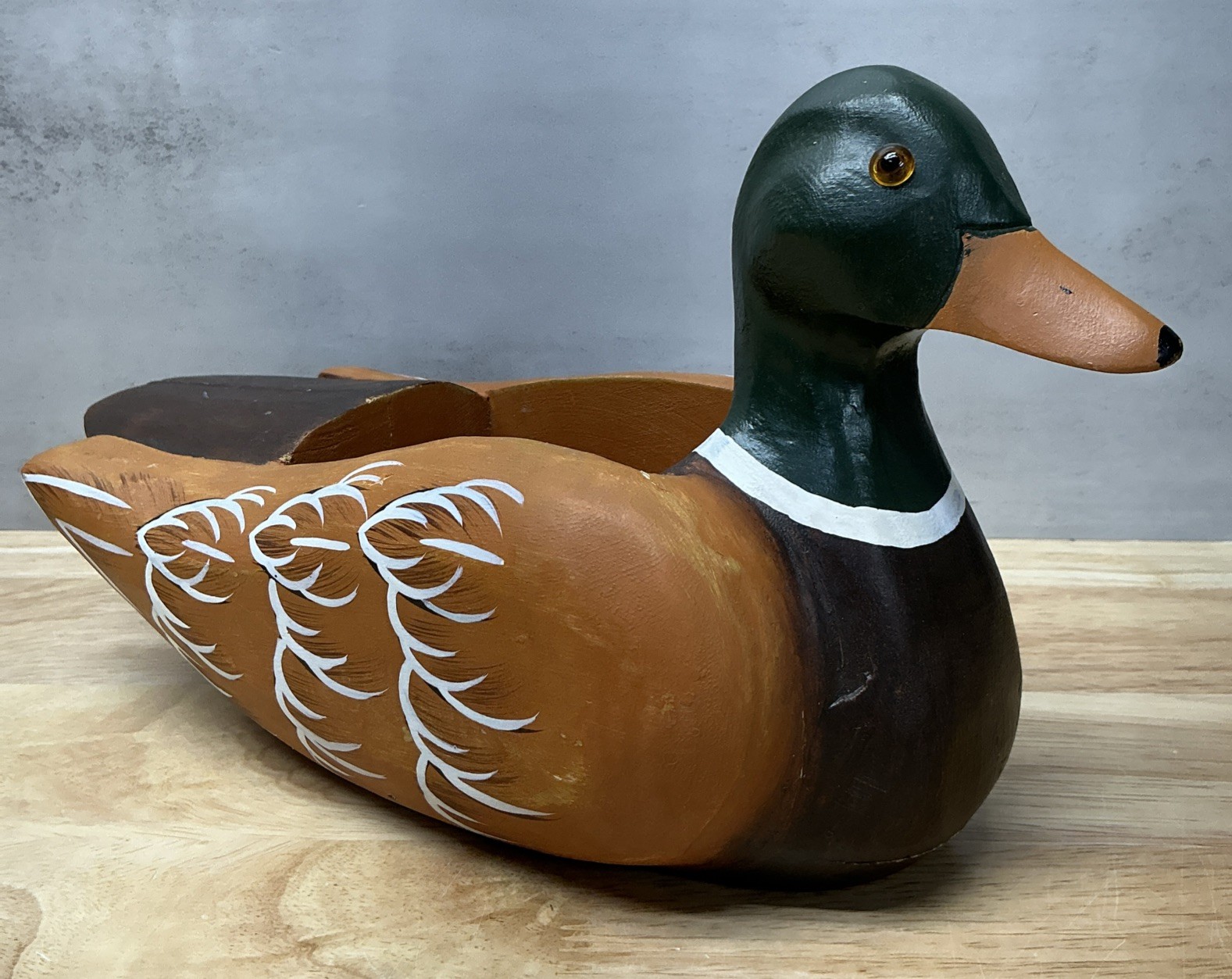 Vintage Hand Made Painted Wood Duck Mallard Glass Eyes Decoy Trinket Box, 11.75”