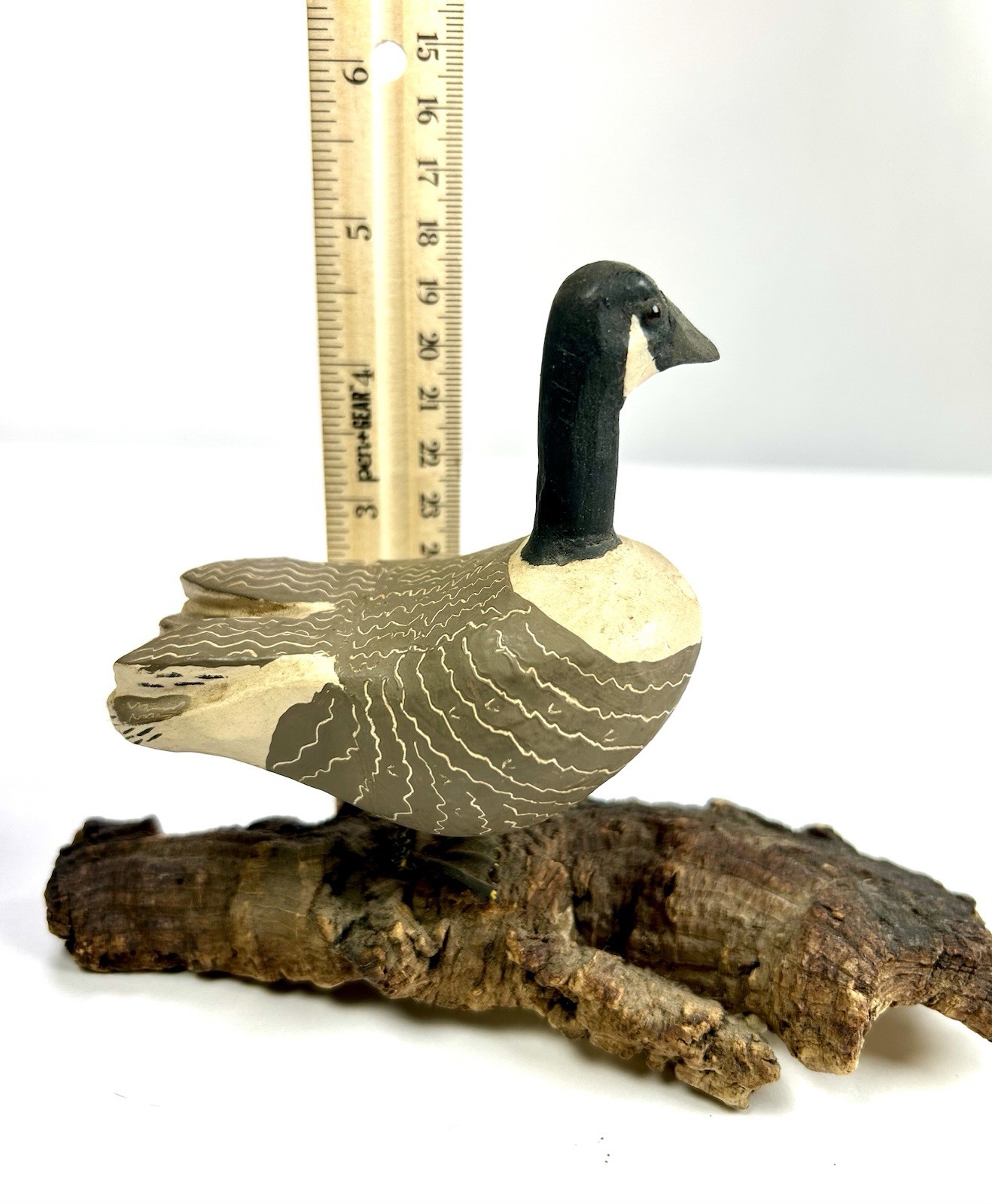 Vintage Hand Carved Painted Wood Standing Canada Goose Carving Figure On Bark