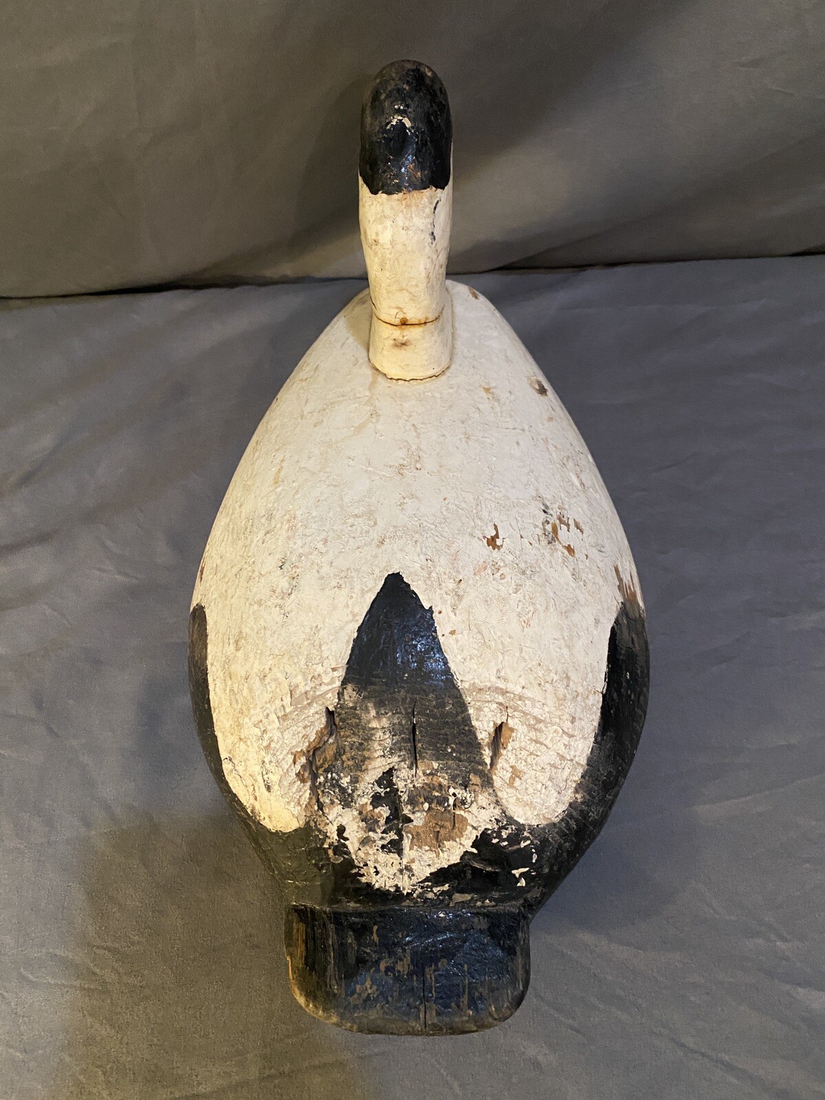 Carved Eider Duck Decoy, 2 Leather Tie Loops on Base, Original Paint, Unsigned