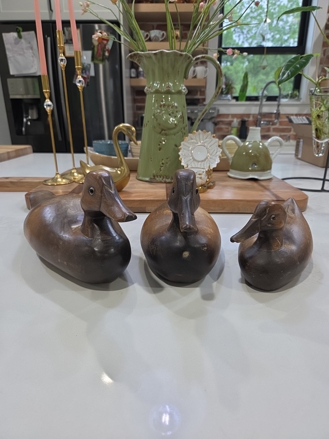 Set of 3 Vintage Hand Carved Solid Wood Wooden Mallard Duck Family Home Decor