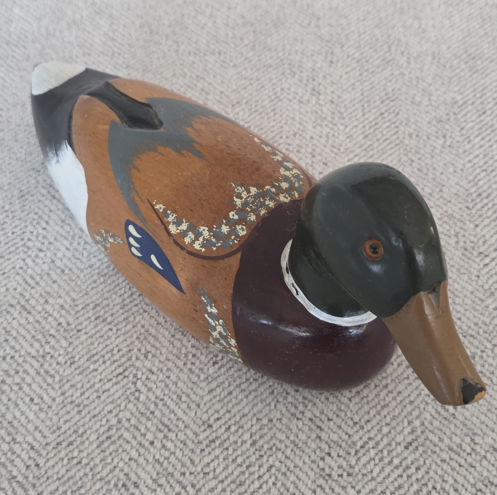 Vintage Hand Carved Painted Wooden Mallard Duck Decoy Home Decor Glass Eyes 10”