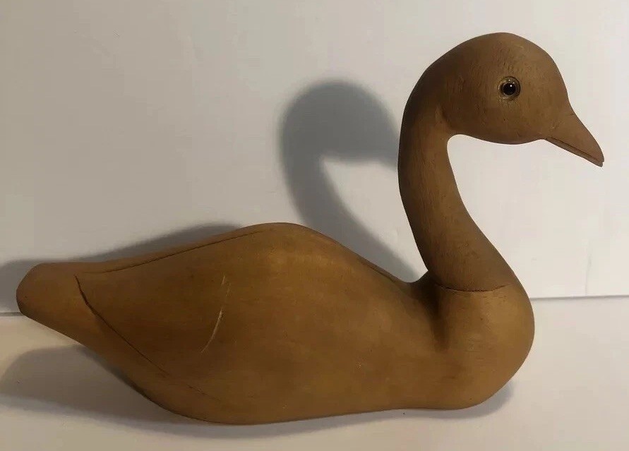 Vintage Carved Wood Duck Goose Decoy Natural Woodgrain Unpainted Glass Eyes 6.5”
