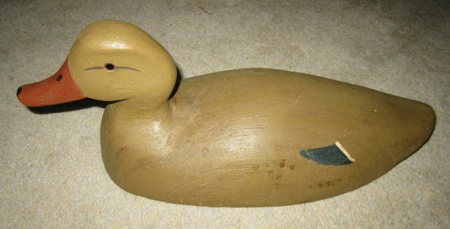 Vtg hand painted hollow wooden tan mallard hen duck decoy w glass eye, unsigned