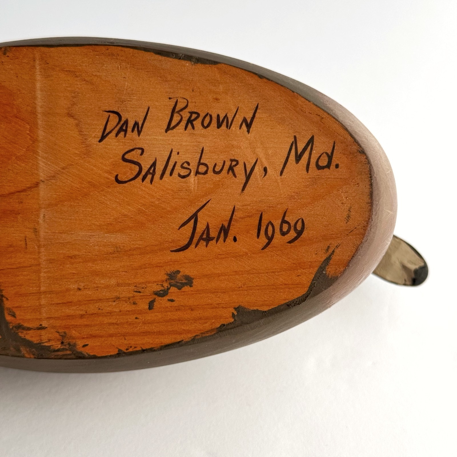 1969 Dan Brown Carved Wooden Duck Decoy Salisbury Maryland Signed & Dated
