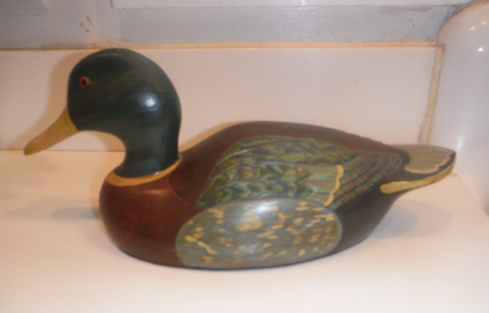 VINTAGE HAND CARVED 15″ WOOD DUCK DECOY w/GLASS EYES SIGNED, DATED 1981 SHIPMAN