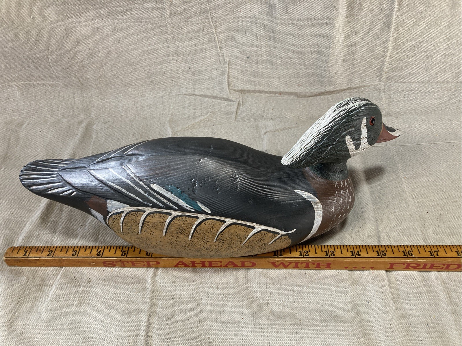 Vintage Handmade Wooden Duck Decoy Drake 15” Long Signed,Glass Eyes Stunning