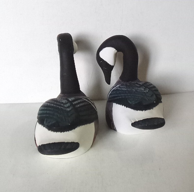 Two Vintage Solid Wood Duck Decoys Hand Carved & Hand Painted Glass Eyes 1963