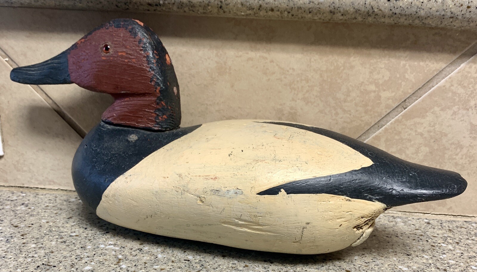 Antique Hand Carved Wood Wooden Duck Decoy Glass Eye 15” x 5 1/2” Weighted
