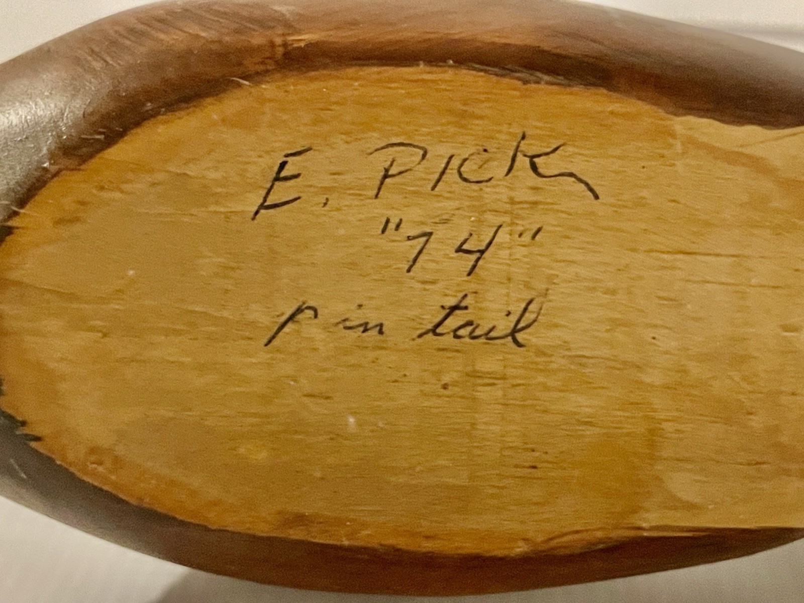 Vintage E. Pick Signed Wooden Pintail Duck Decoy Hand Carved 1974 Folk Art