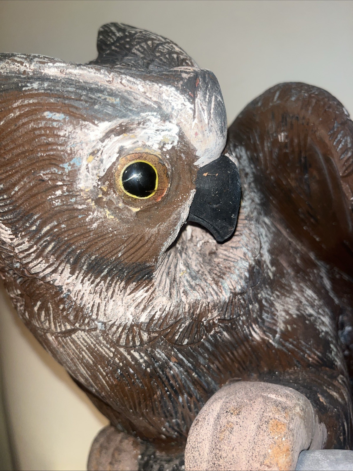 great horned owl decoy glass eye vintage holding mouse