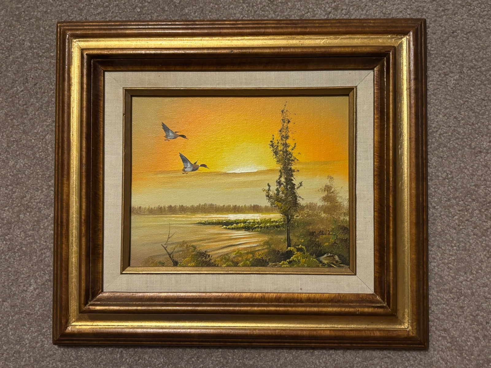 Water Fowl Picture In Unique “Gold Toned Recessed” Wood Frame
