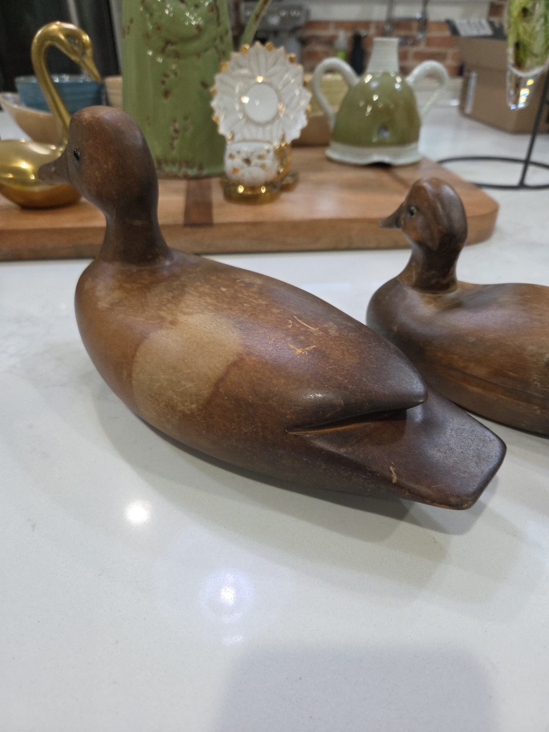 Set of 3 Vintage Hand Carved Solid Wood Wooden Mallard Duck Family Home Decor