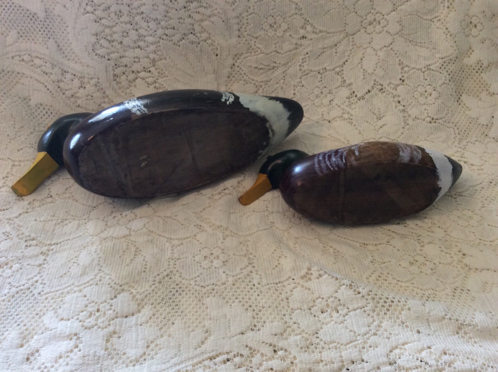 Pair Wooden Duck Decoy~Glass Eyes-Hand Made And Painted 13 3/4″ –10 1/4″ Long