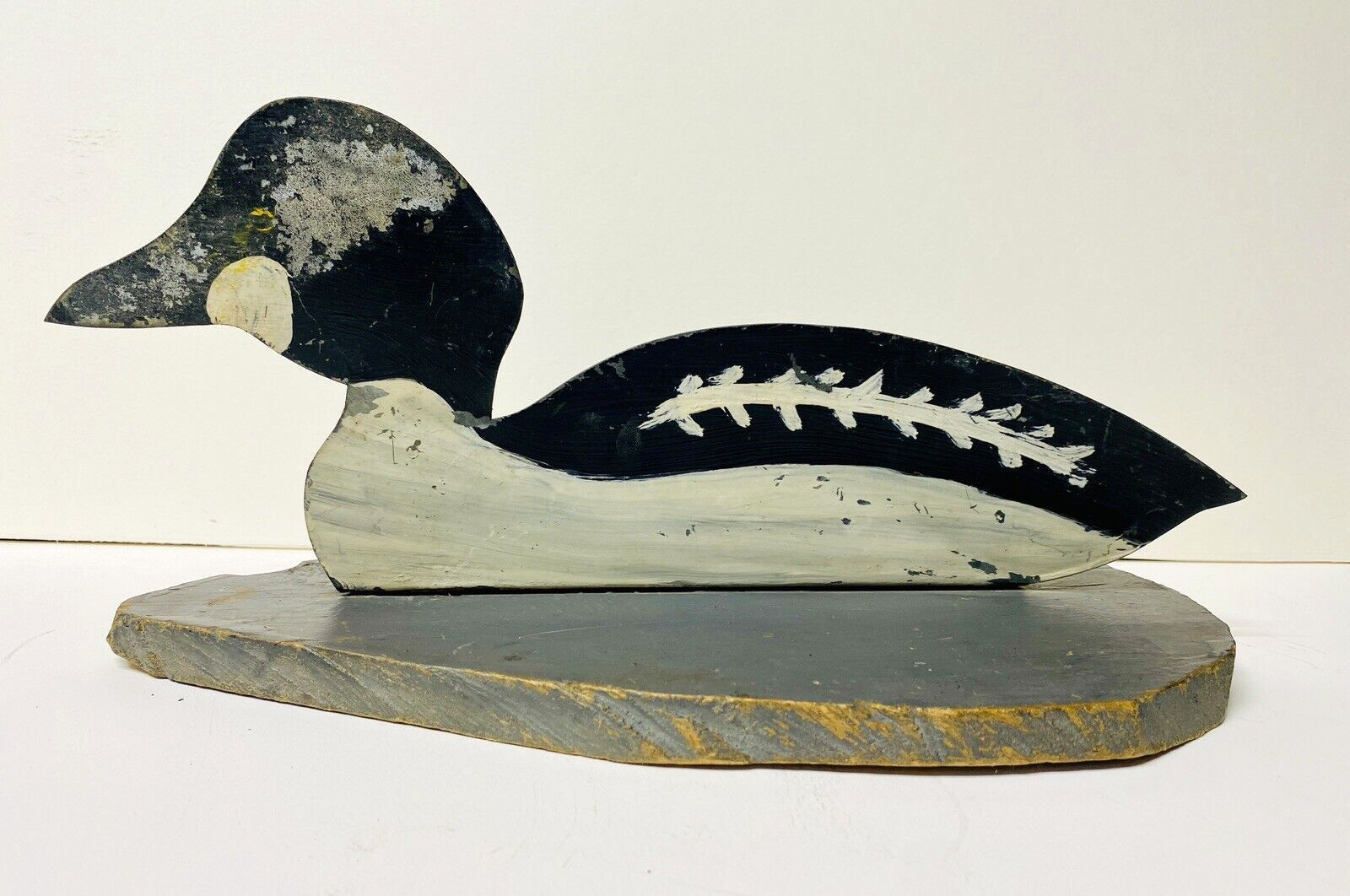 Vintage Goldeneye Duck Decoy Metal Cut Out on Wood Float Base, Unsigned