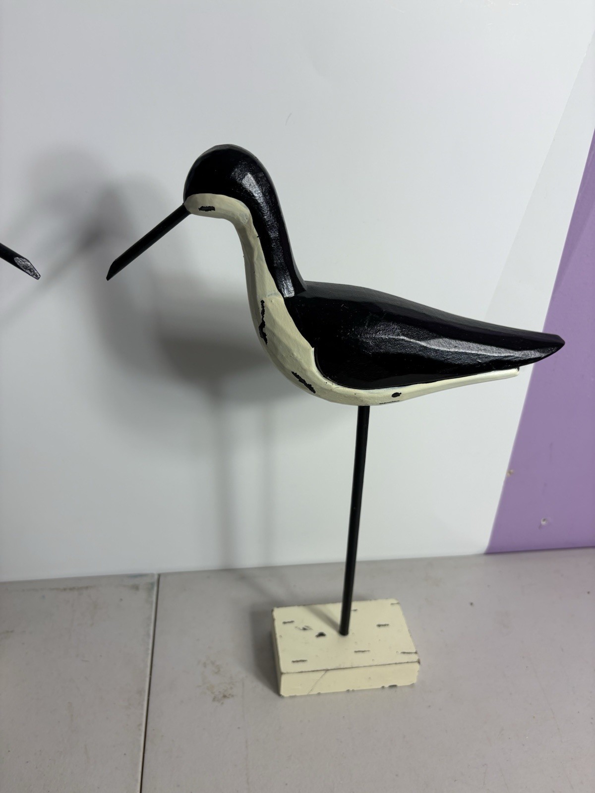 Set of 2 14” Sandpiper Shore Birds Decoys Carved Wooden Stand Black White EUC