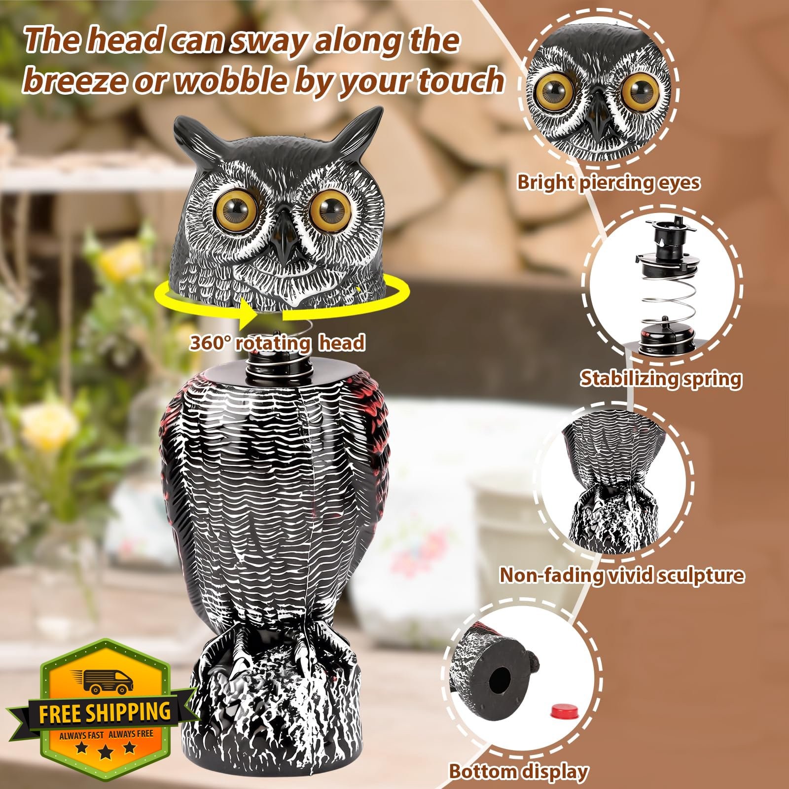 WonderField Rotating Head Owl Decoy Scare Birds Away 15.8″