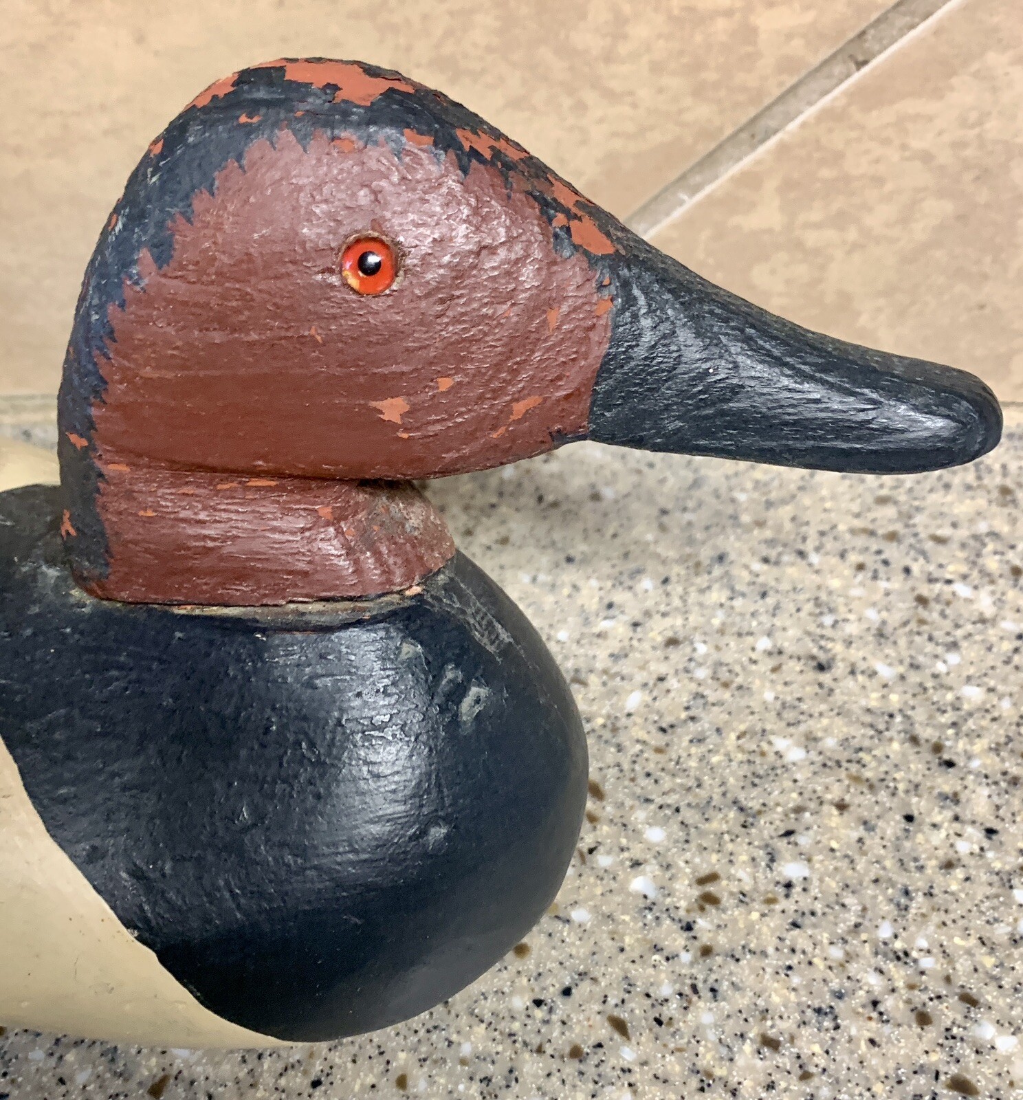 Antique Hand Carved Wood Wooden Duck Decoy Glass Eye 15” x 5 1/2” Weighted