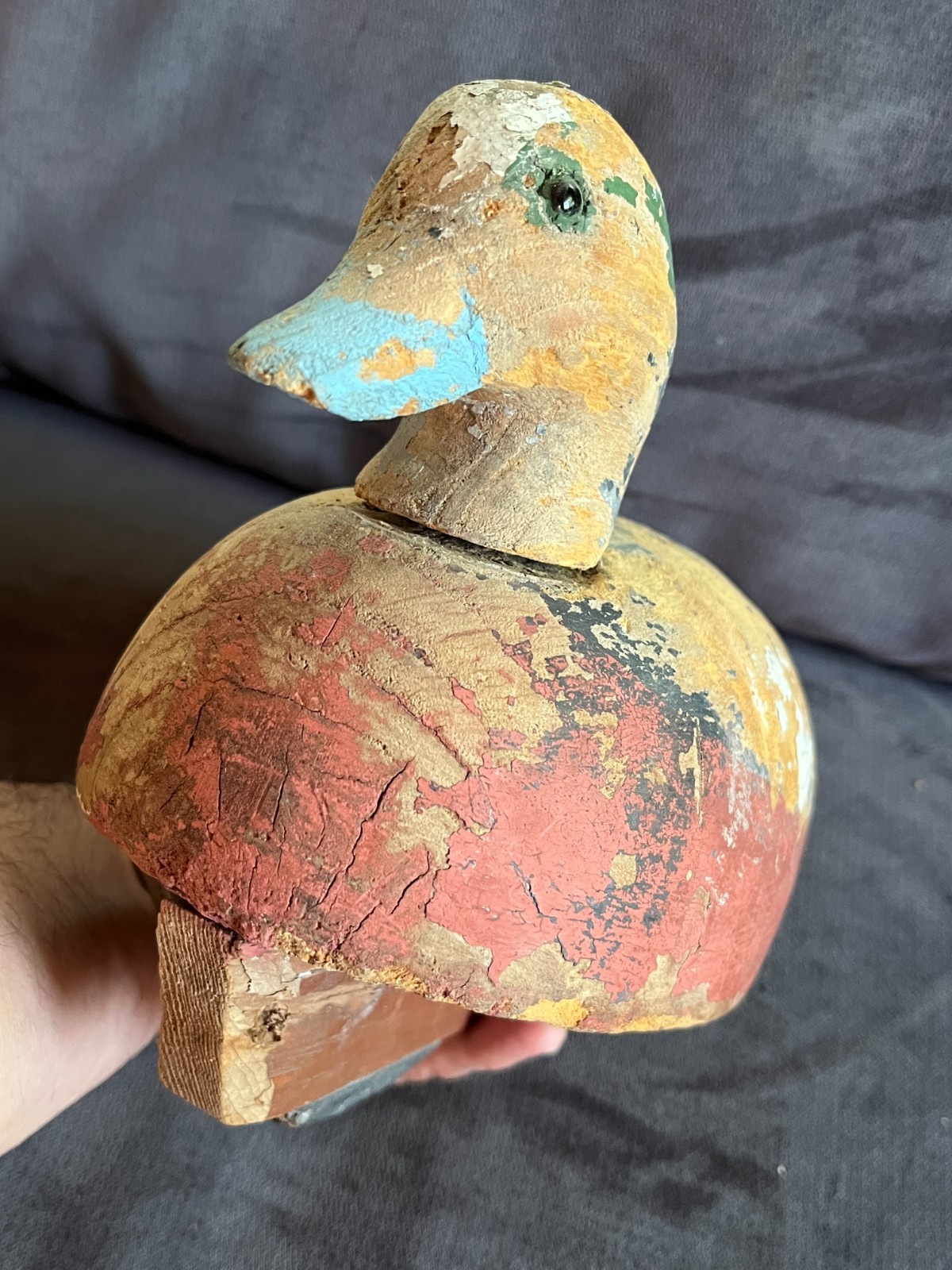 Vintage HAND CARVED WOODEN DUCK DECOY Primitive Folk Art 12″ Long, Lead Weight