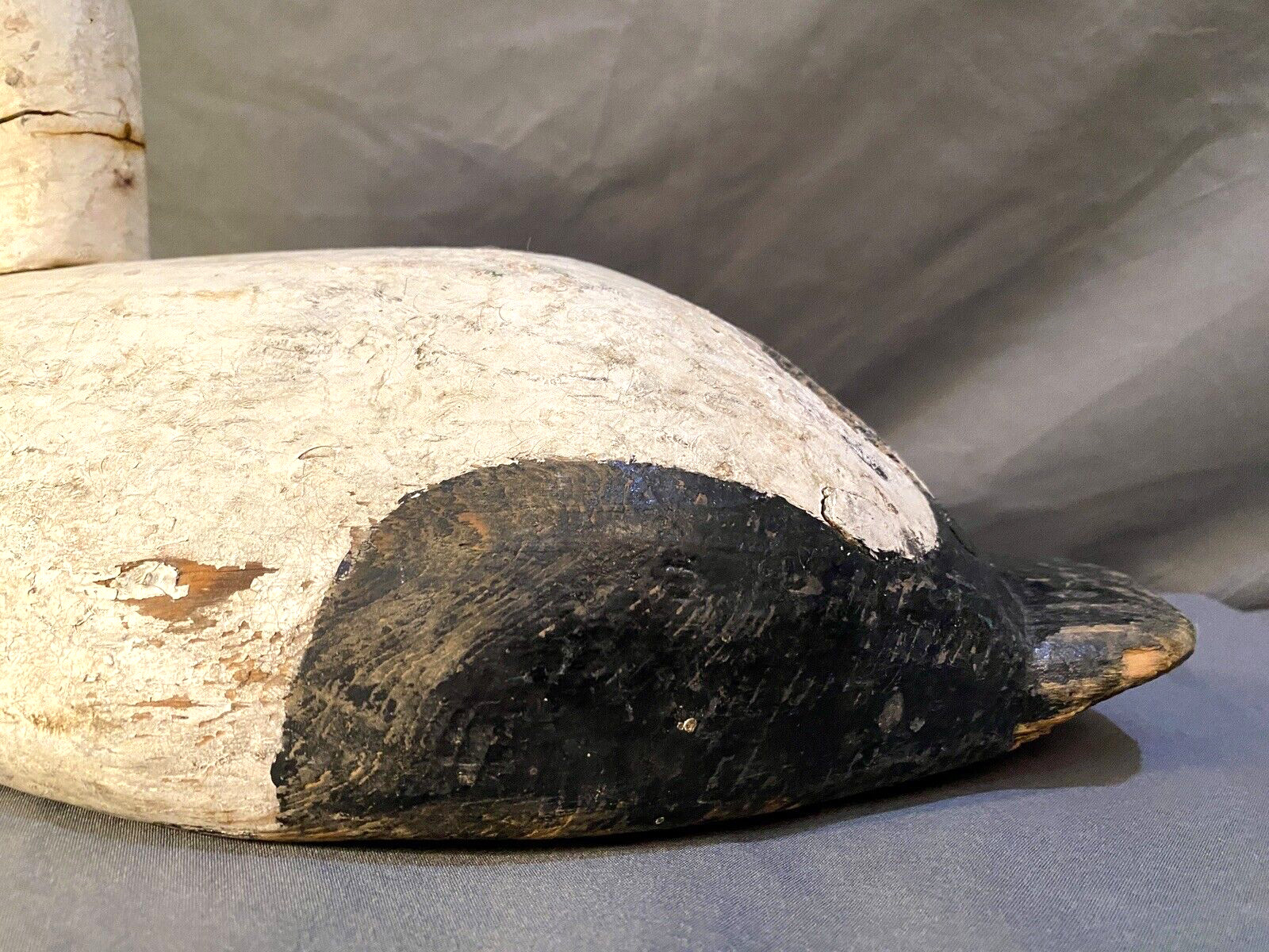 Carved Eider Duck Decoy, 2 Leather Tie Loops on Base, Original Paint, Unsigned